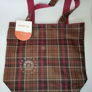 Merrell Large Tote Bag Plaid Brown Reversible tote bag NWT